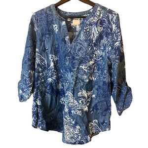 Chicos Blue Floral Tapestry Adjustable Sleeves Women's Coastal Top Size 2XL